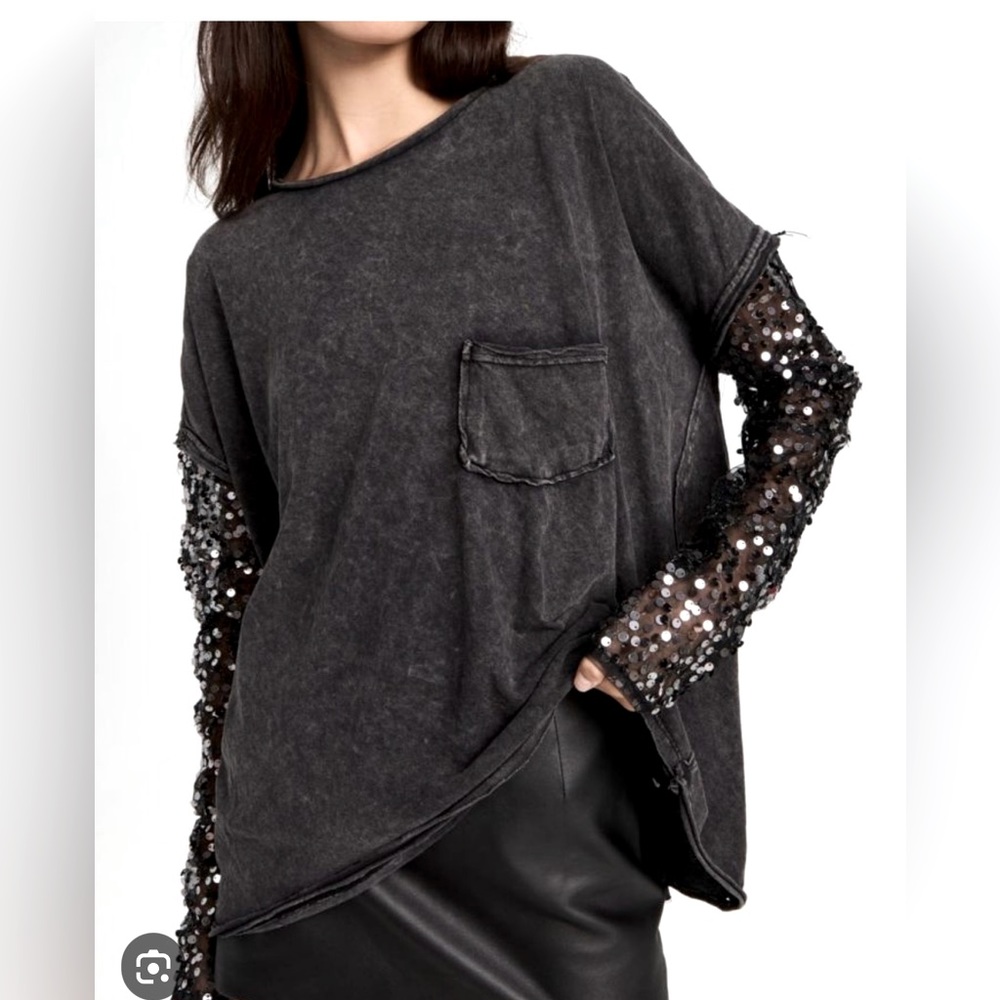 Free People Celine Tee Black XS Sequins NWOT